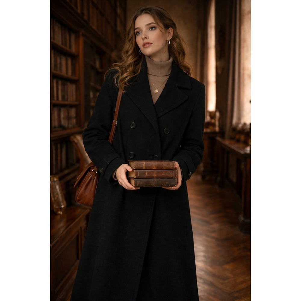 Rain Shredder Black Long Coat Petite 14P Hooded Minimalist Classic Dark Academia